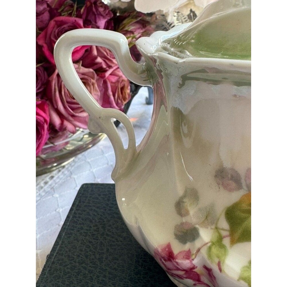 Antique Hand Painted Rose Porcelain Covered Sugar Bowl Art Nouveau Footed - Picture 16 of 16